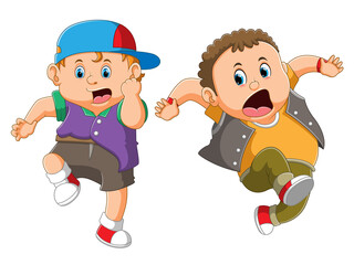 The boys are running and giving the shock expression