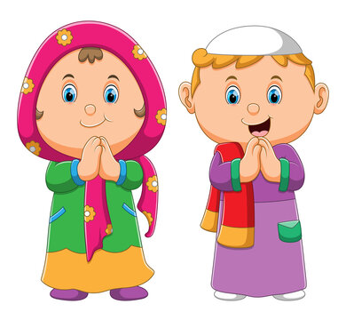The collection of the muslim boy and girl giving the greeting