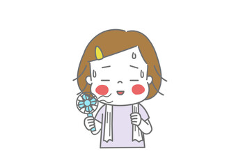 汗をかいてハンディファンで涼んでいる女の子