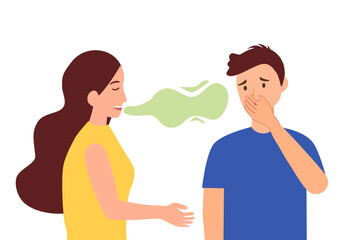 Woman with bad breath talking with her friend in flat design on white background. Smelly mouth concept vector illustration.
