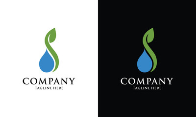 Water drop logo with s leaf letter.S leaf letter water drop logo.Blue water drop s leaf letter logo.S leaf letter logo with water drop on a white and black background.