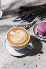 Coffee with cream art and dessert