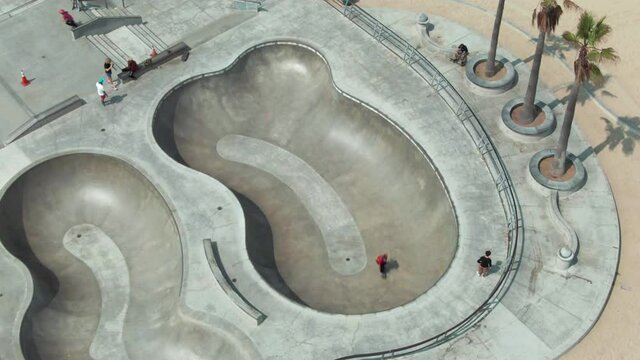 Aerial: Venice Beach and skateboard bowl, Los Angeles, California, USA