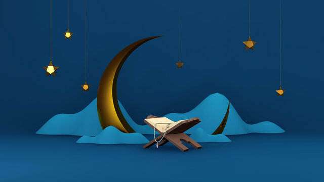 Islamic 3d render arabic eid mubarak muslim holiday theme background with al-quran, moon, mountains, and stars