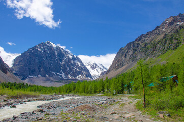Fototapeta na wymiar Mount North Chuya Range and small Aktru River Mountain Altai Siberia