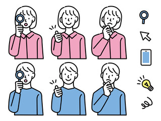 ポイント、注目、発表を表す男女のイラスト(ビジネス、クリック、チェック、アイデア、相談、セールス、発見、疑問、提案) Illustrations of men representing points, attention, and presentations business, clicks, checks, ideas, discoveries
