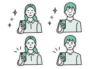 スマホを持つ男女のイラスト(スマートフォン決済、アプリ、SNS、キャッシュレス、: キャッシュレス、オンラインショッピング、QRコード) Smartphone payment, apps, SNS, cashless, cashless, online shopping, QR code