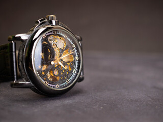 Close up shoot of black skeleton automatic watch