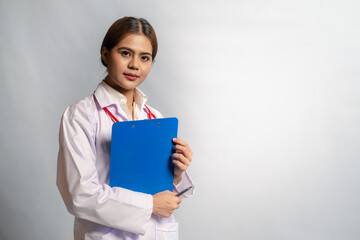 Doctor holding patient check board on white background