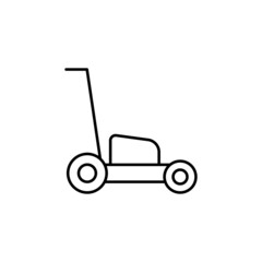 Lawn mower icon in flat black line style, isolated on white background 
