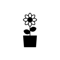 Flower pot plant icon in solid black flat shape glyph icon, isolated on white background 