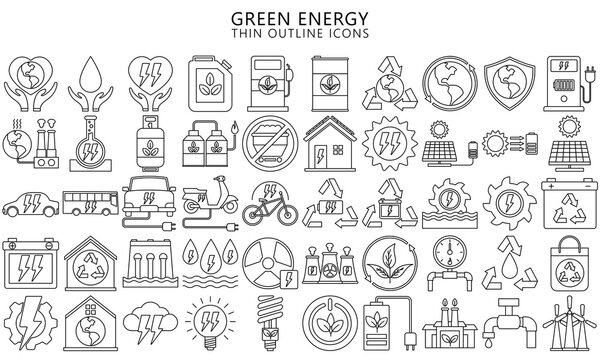 Power plant flat thin line icons set, green Energy, Vector illustration alternative renewable energy sources included solar, wind, hydro, tidal, geothermal and biomass, EPS 10 ready convert to SVG.