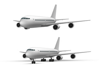 Realistic flying and standing airplane, jet aircraft or airliner perspective view.