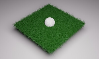 close up of 3d rendering golf ball put on green grass over white background. 3d illustration