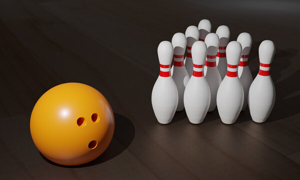 set of 3d rendering orange bowling ball and ten pins put on wooden ground. 3d illustration