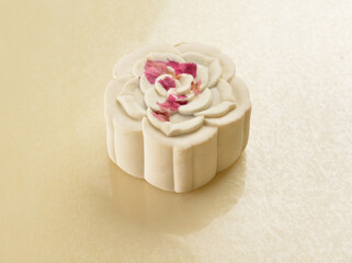 traditional healthy no oil baked lotus paste mooncake with egg yolk and sweet bean in white rose flower petal shape lantern mid autumn festival halal product menu