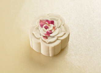 traditional healthy no oil baked lotus paste mooncake with egg yolk and sweet bean in white rose flower petal shape lantern mid autumn festival halal product menu