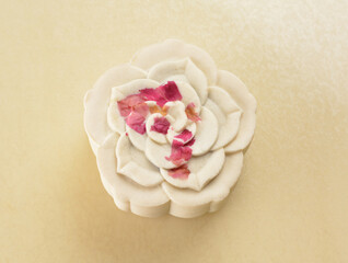 traditional healthy no oil baked lotus paste mooncake with egg yolk and sweet bean in white rose flower petal shape lantern mid autumn festival halal product menu