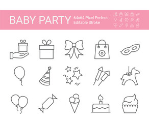 Baby party icon set. Editable vector stroke. 64x64 Pixel Perfect.