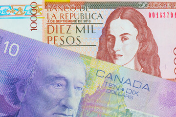 A macro image of a brown ten thousand bank note from Colombia paired up with a purple ten dollar bill from Canada.  Shot close up in macro.