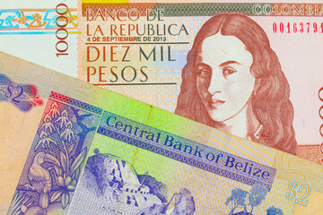 A macro image of a brown ten thousand bank note from Colombia paired up with a colorful two dollar bill from Belize.  Shot close up in macro.