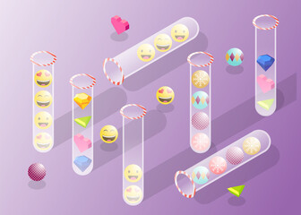 Isometric Vector Game Illustration Representing Filling Emoticons Balls and Diamonds Into the Tubes