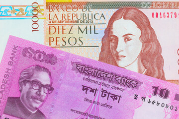 A macro image of a brown ten thousand bank note from Colombia paired up with a pink ten taka bank note from Bangladesh.  Shot close up in macro.