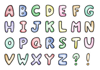 水彩手書き風のアルファベットのイラストセット