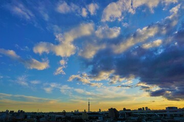 Fototapeta na wymiar 青から黄色への美しい空のグラデーションの映える東京の空とビルやタワー等の建造物立ち並ぶ風景