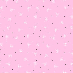 Cute seamless pattern with scattered flowers and dots. Simple girly print. Vector illustration.