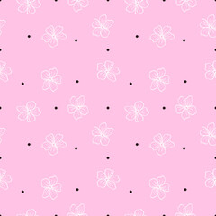 Cute seamless pattern with scattered flowers and dots. Simple girly print. Vector illustration.