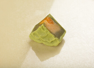 matcha green tea healthy no oil baked lotus paste mooncake with egg yolk and bean in green rose flower shape lantern mid autumn festival halal product menu