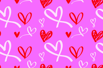 Hand-drawn doodle seamless pattern with hearts love. Design elements for Valentine's day. Red and Black.
