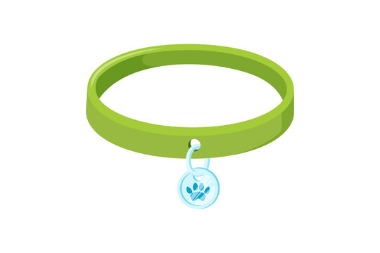 Pet collar with silver pendant. Green animal collar for dogs and cats. Vector illustration in cute cartoon style