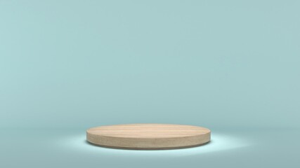 wooden circle stand on a light blue background,mock up podium for product presentation,3D render