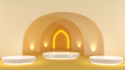 white pedestal on a curved background gradient yellow,mock up podium for product presentation,3D render