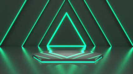 Mock up podium for product presentation,3D render,hexagonal mockup stand green neon light background
