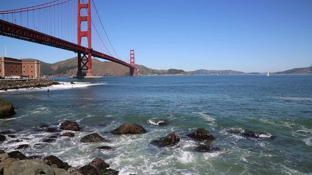 Surfing under Golden Gate Bridge, California