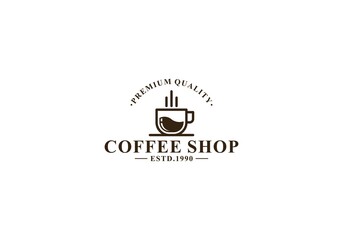 logo for a coffee shop with a cup of hot coffee illustration