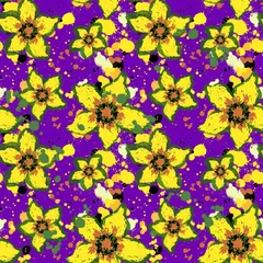 Rolgordijnen Abstract Hand Drawing Sunflowers and Splashes Dots Stains Seamless Pattern Isolated Background  © Didem