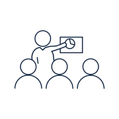 Business Person Giving Data Presentation Line Icon - stock illustration. An icon of a business person giving a data or sales presentation to coworkers.