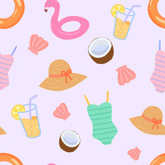 Seamless pattern of summer beach elements on pink background.