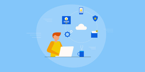 Cloud computing security, internet technology, secure network connection, online cloud data protection, businessman working with secure cloud application, vector illustration cyber background.