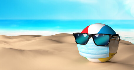3D illustration of a beach ball wearing glasses and a mask