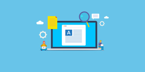 Content writing, blog post writing, copy writing concept. Content research and development, business blogging, teamwork, content marketing people, article editing and publication on web concept.