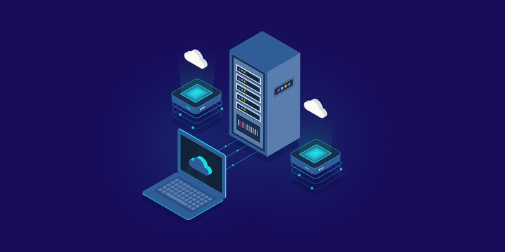 Cloud server network connection technology, cloud data processing system, online cloud data storage, business communication cloud computing background, isometric design illustration