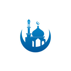 Mosque icon silhouette logo vector design isolated on crescent moon illustration