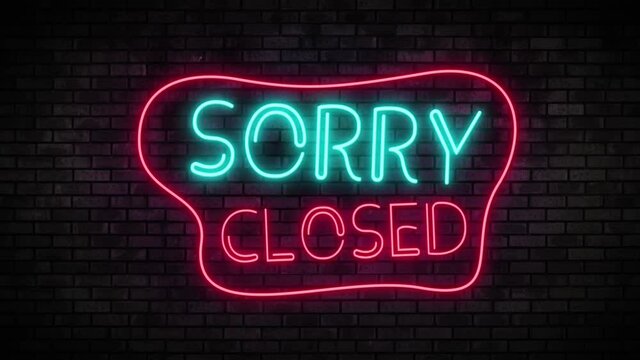 Sorry Closed Neon Light on Brick Wall. Night Club Bar Blinking Neon Sign. Motion Animation. Video available in 4K FullHD and HD render footage