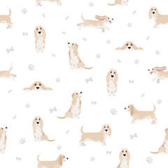 Basset hound seamess pattern. Different coat colors and poses set.