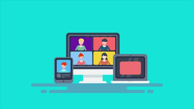 People on computer screen taking with colleague, online video conference, web casting, remote project management, office work and business meeting concept. 2d animation, 4k video clip.